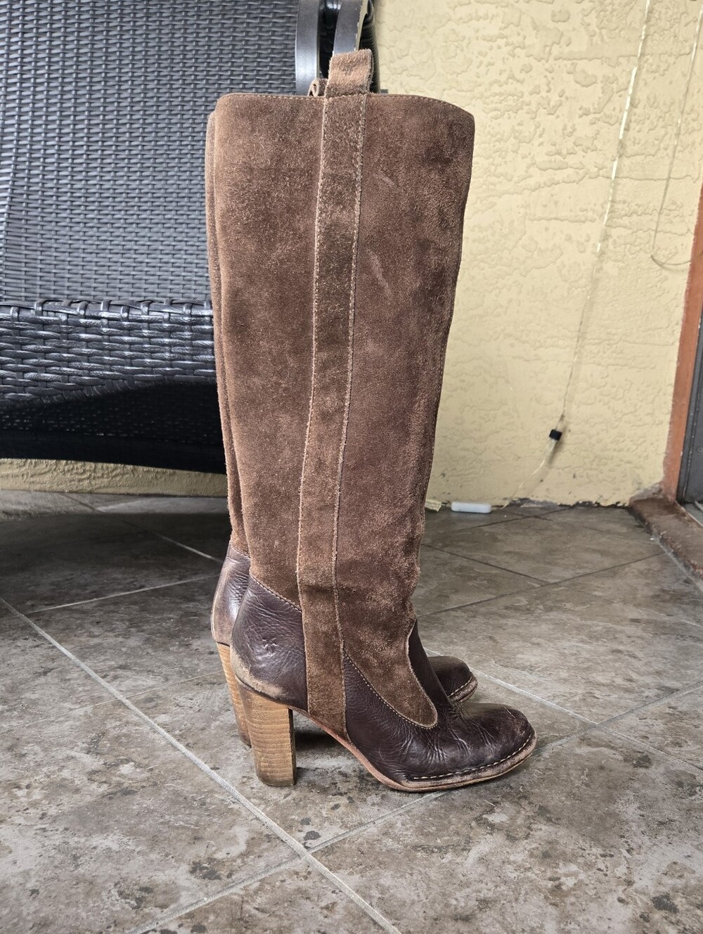 Frye Villager Pull On Tall Boots Leather Suede Heels Brown Size 6 - Picture 7 of 15